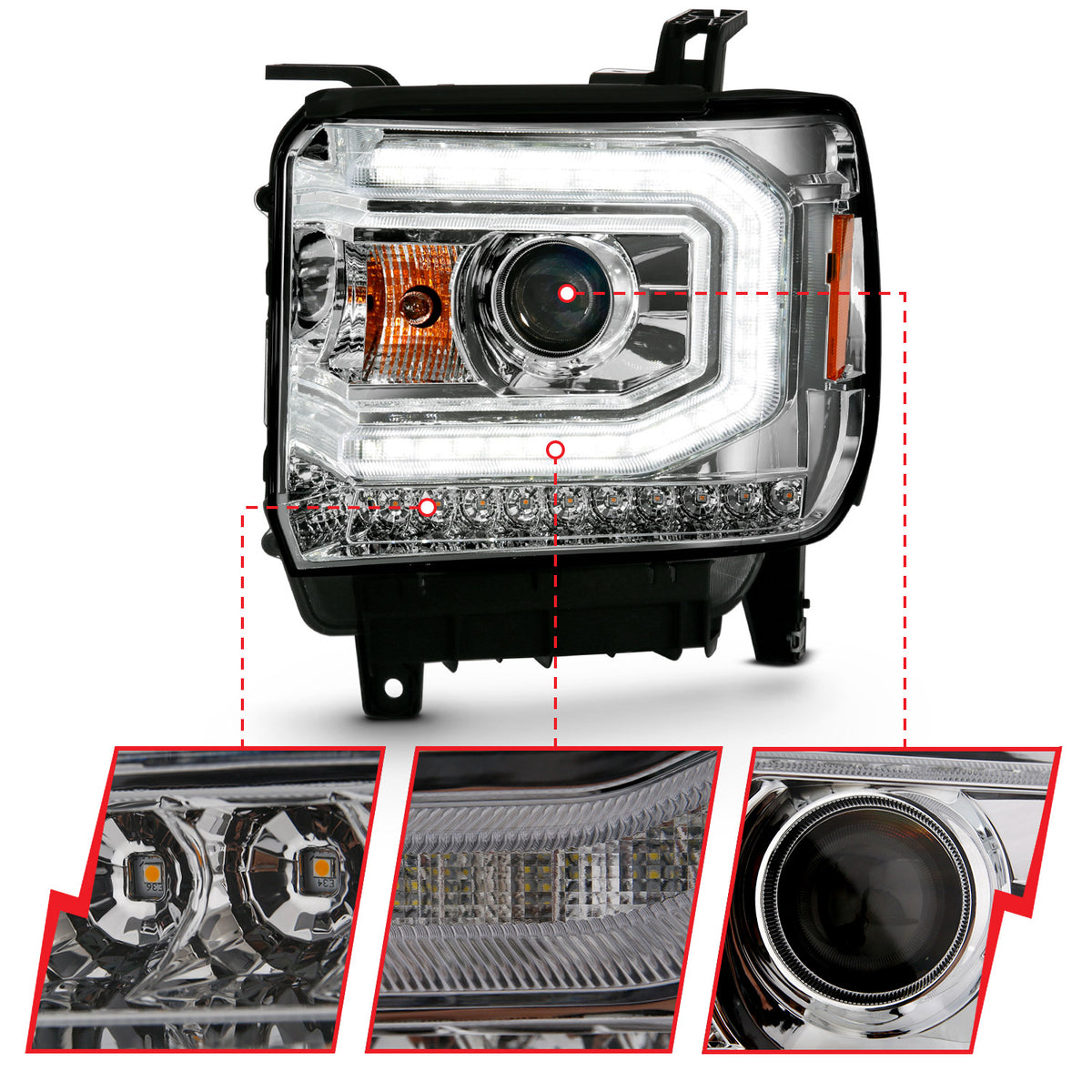 Projector Headlights Plank Style Chrome W/ Sequential GMC Sierra 1500 2016-2019 AnzoUSA-2