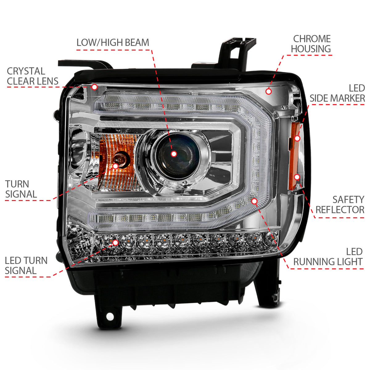 Projector Headlights Plank Style Chrome W/ Sequential GMC Sierra 1500 2016-2019 AnzoUSA-3