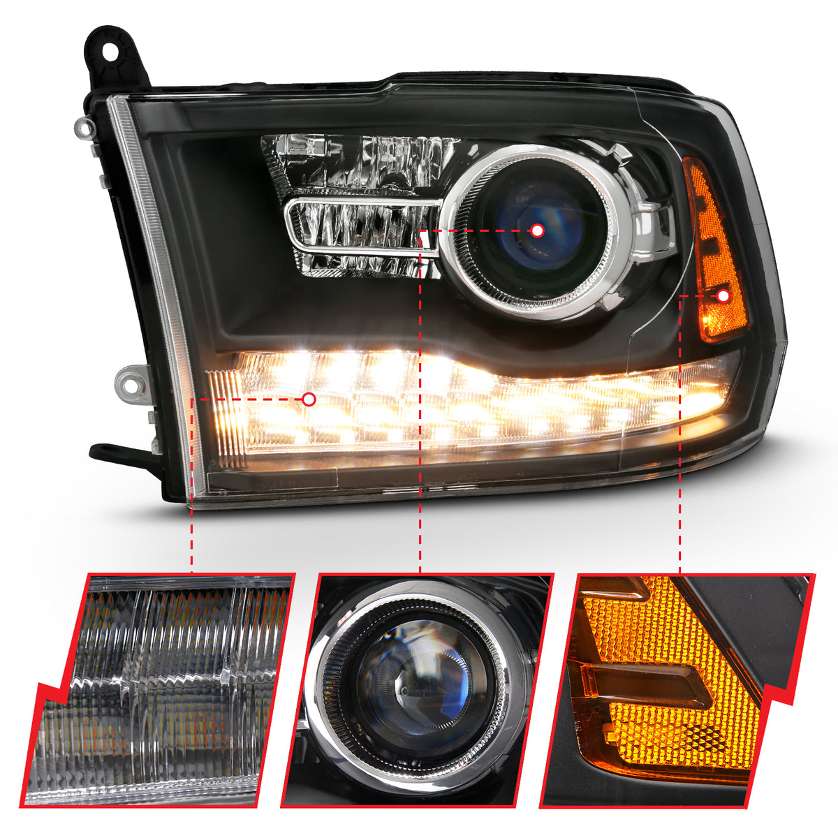 Projector Headlights Plank Style Switchback Matte Black Housing Clear Lens PairRam 1500/2500/3500 2011-2018 AnzoUSA-2