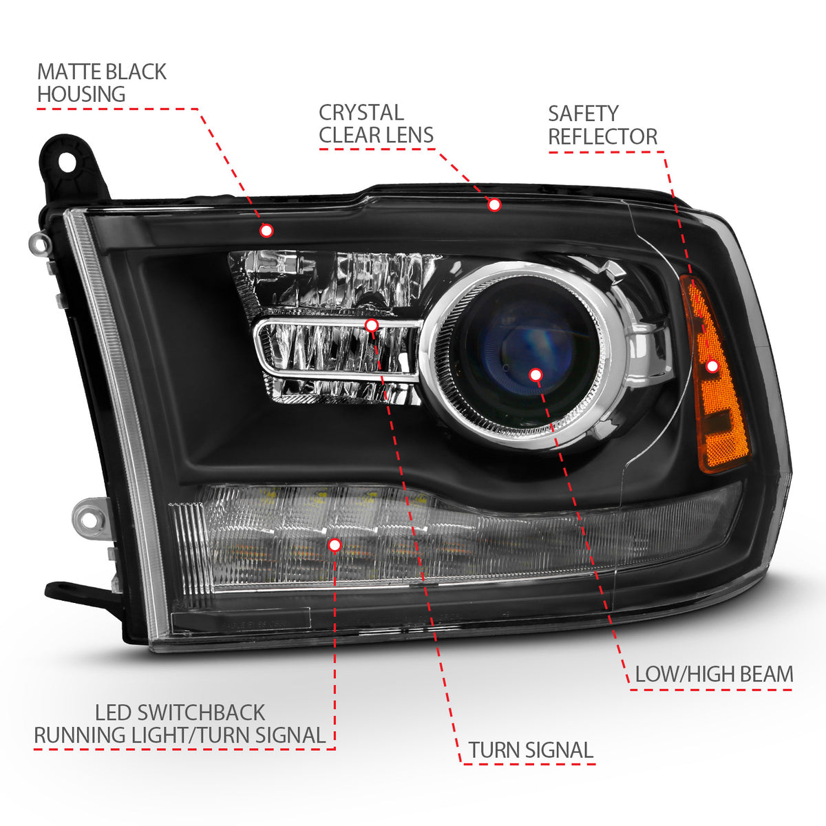 Projector Headlights Plank Style Switchback Matte Black Housing Clear Lens PairRam 1500/2500/3500 2011-2018 AnzoUSA-3