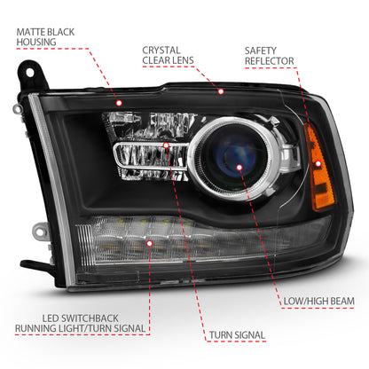 Projector Headlights Plank Style Switchback Matte Black Housing Clear Lens PairRam 1500/2500/3500 2011-2018 AnzoUSA-3