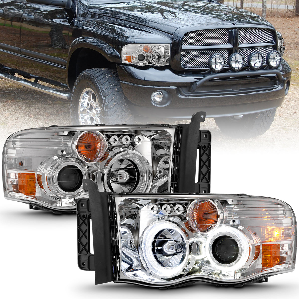Projector Headlights Chrome Housing W/ Halo Clear Lens Pair Dodge Ram 1500 2002-2005, 2500/3500 2003-2005 AnzoUSA