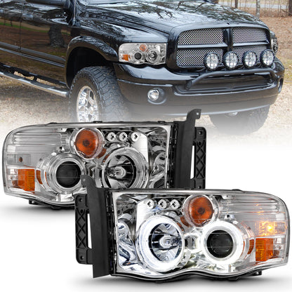 Projector Headlights Chrome Housing W/ Halo Clear Lens Pair Dodge Ram 1500 2002-2005, 2500/3500 2003-2005 AnzoUSA