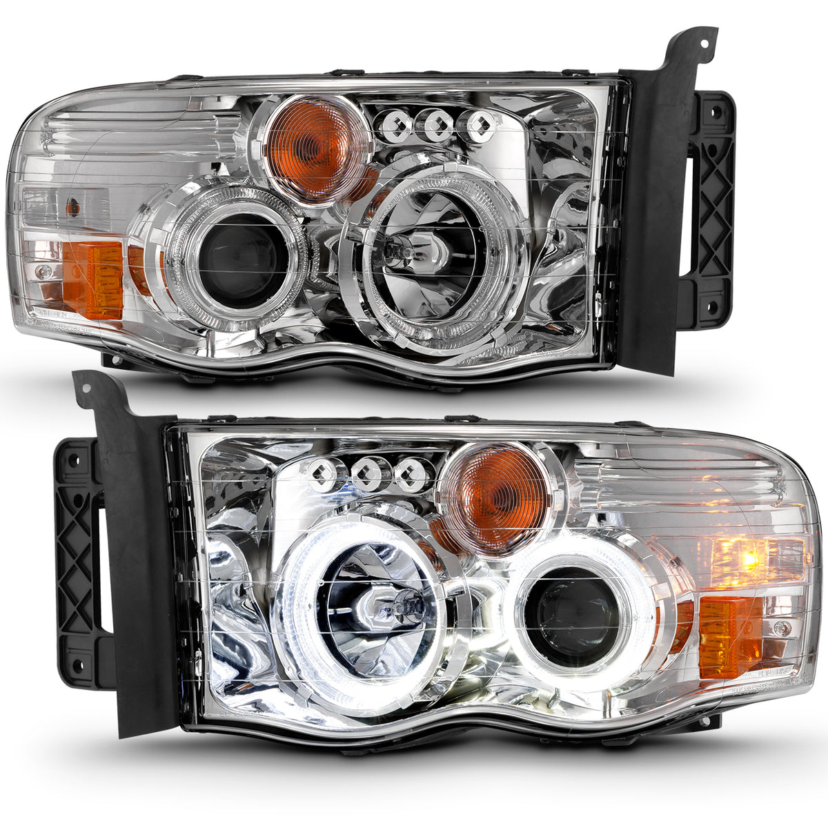 Projector Headlights Chrome Housing W/ Halo Clear Lens Pair Dodge Ram 1500 2002-2005, 2500/3500 2003-2005 AnzoUSA-1