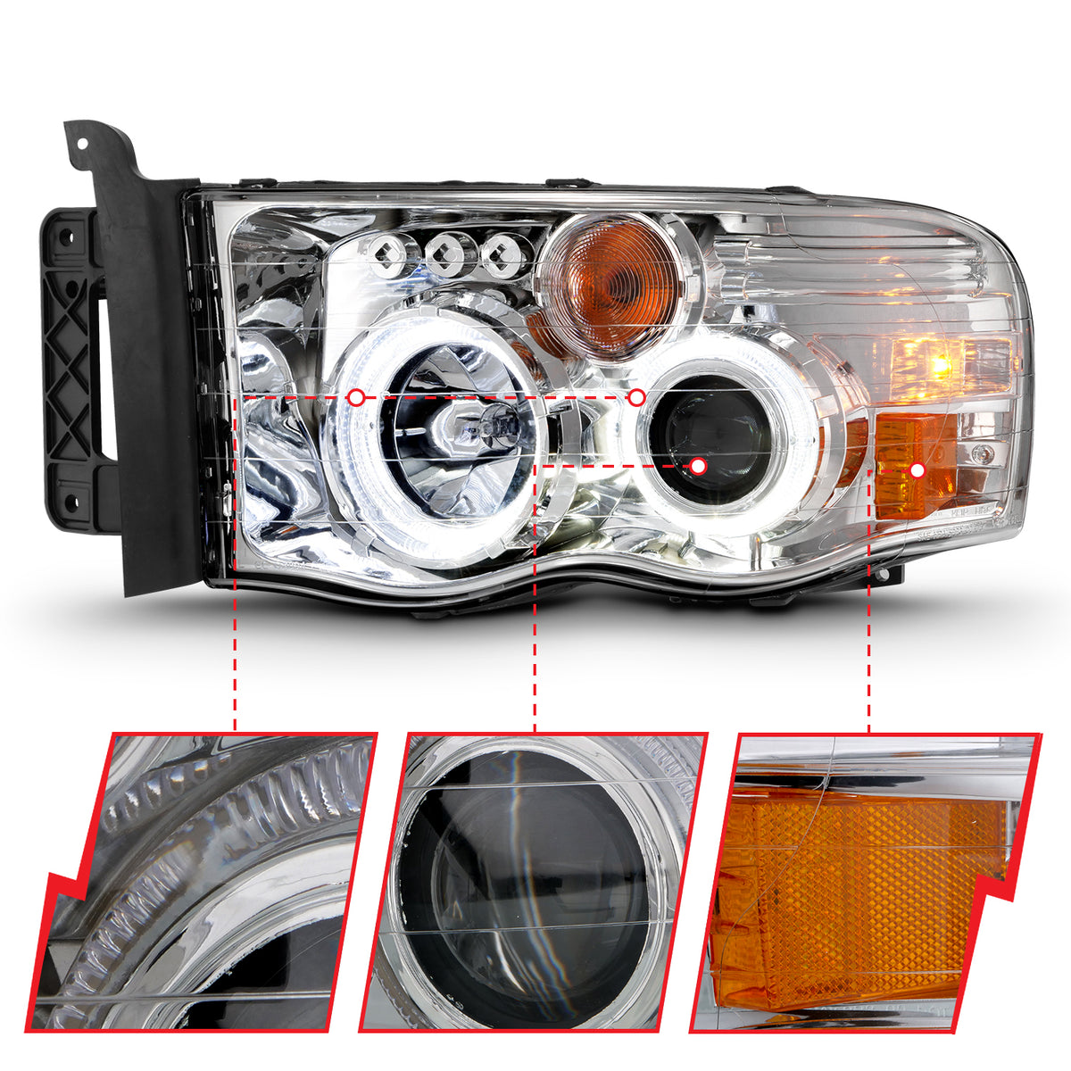 Projector Headlights Chrome Housing W/ Halo Clear Lens Pair Dodge Ram 1500 2002-2005, 2500/3500 2003-2005 AnzoUSA-2