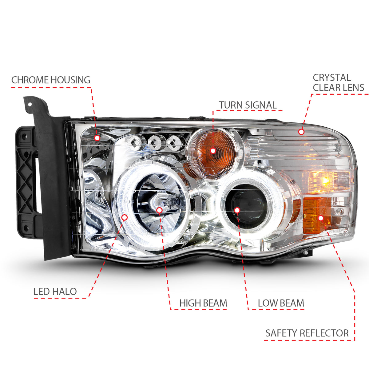 Projector Headlights Chrome Housing W/ Halo Clear Lens Pair Dodge Ram 1500 2002-2005, 2500/3500 2003-2005 AnzoUSA-3