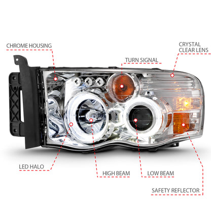 Projector Headlights Chrome Housing W/ Halo Clear Lens Pair Dodge Ram 1500 2002-2005, 2500/3500 2003-2005 AnzoUSA-3
