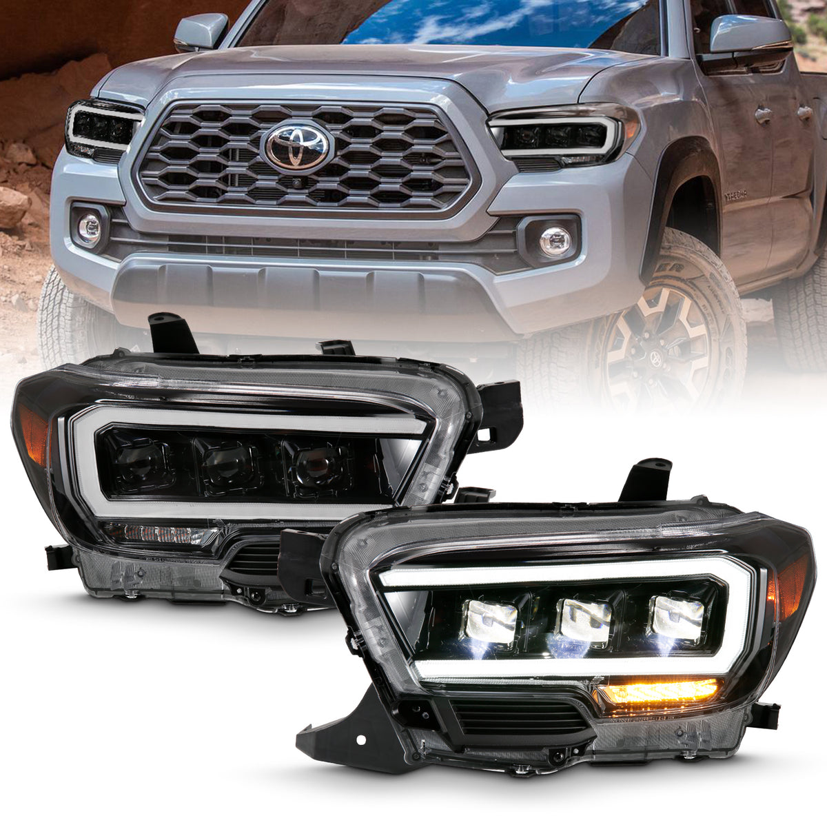 Headlight Set LED Projector Headlights Plank Stye Black Housing Clear Lens Pair Toyota Tacoma 2016-2023 AnzoUSA