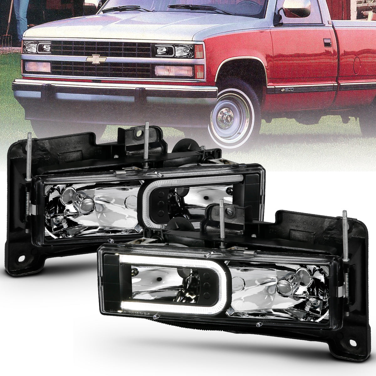 Headlight Set Crystal Headlight Crystal W/ LED Light Bar Style Black Housing Clear Lens Pair Bumper And Corner Lights Are Not Included Chevy/Cadillac Trucks/SUVs 1988-2000 AnzoUSA