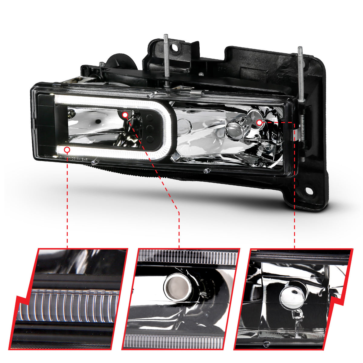 Headlight Set Crystal Headlight Crystal W/ LED Light Bar Style Black Housing Clear Lens Pair Bumper And Corner Lights Are Not Included Chevy/Cadillac Trucks/SUVs 1988-2000 AnzoUSA-2