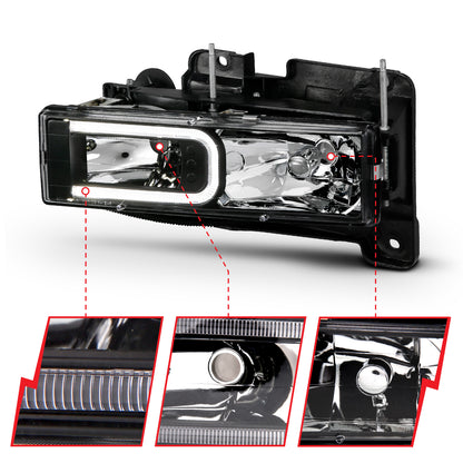Headlight Set Crystal Headlight Crystal W/ LED Light Bar Style Black Housing Clear Lens Pair Bumper And Corner Lights Are Not Included Chevy/Cadillac Trucks/SUVs 1988-2000 AnzoUSA-2