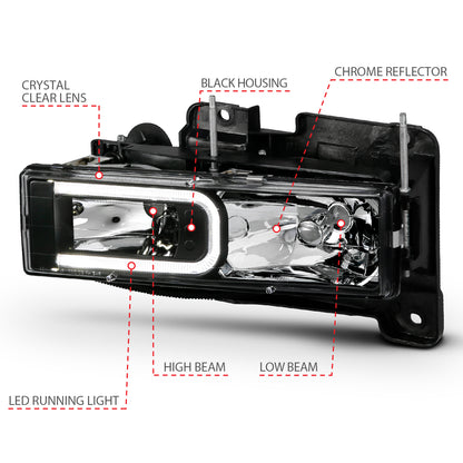 Headlight Set Crystal Headlight Crystal W/ LED Light Bar Style Black Housing Clear Lens Pair Bumper And Corner Lights Are Not Included Chevy/Cadillac Trucks/SUVs 1988-2000 AnzoUSA-3