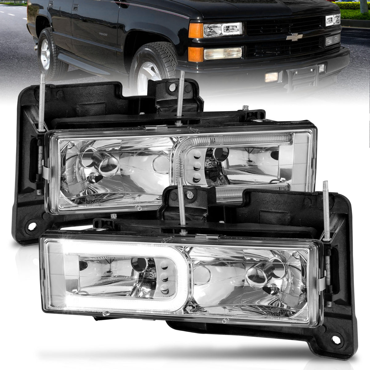 Crystal Headlight Set W/ LED Light Bar Style Chrome Housing Clear Lens Pair Chevy/GMC/Cadillac Trucks/SUVs 1988-2000 AnzoUSA