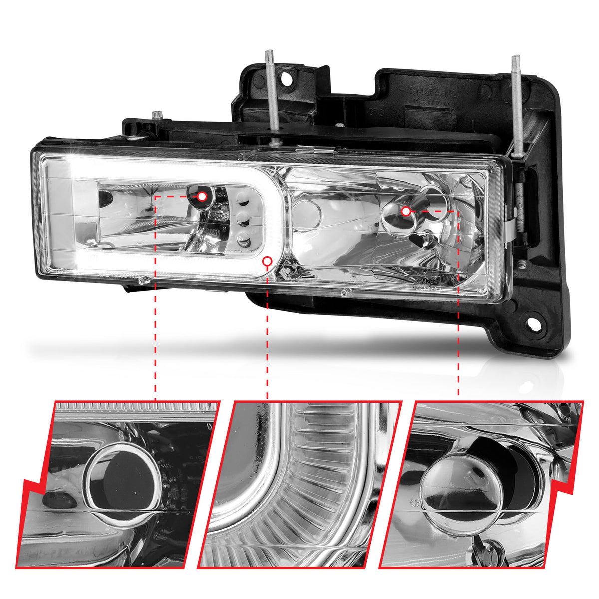 Crystal Headlight Set W/ LED Light Bar Style Chrome Housing Clear Lens Pair Chevy/GMC/Cadillac Trucks/SUVs 1988-2000 AnzoUSA-2