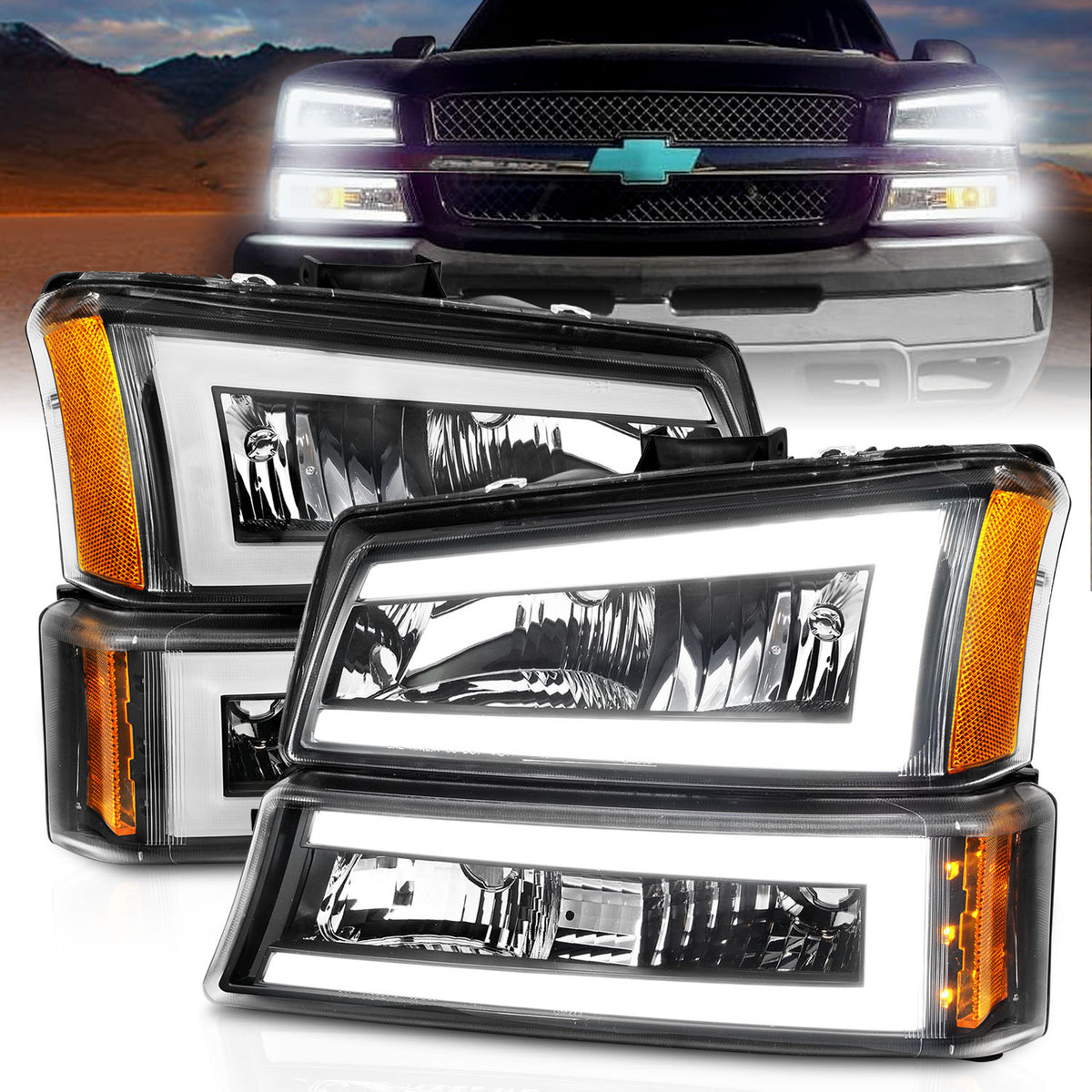 Crystal Headlight Set W/ LED Light Bar Style Black Housing Clear Lens Pair Chevrolet Avalanche 1500/Avalanche/Avalanche Silverado 2500 2003-2006, Chevrolet Silverado 1500/1500 HD/2500 HD/3500 2003-2007 AnzoUSA