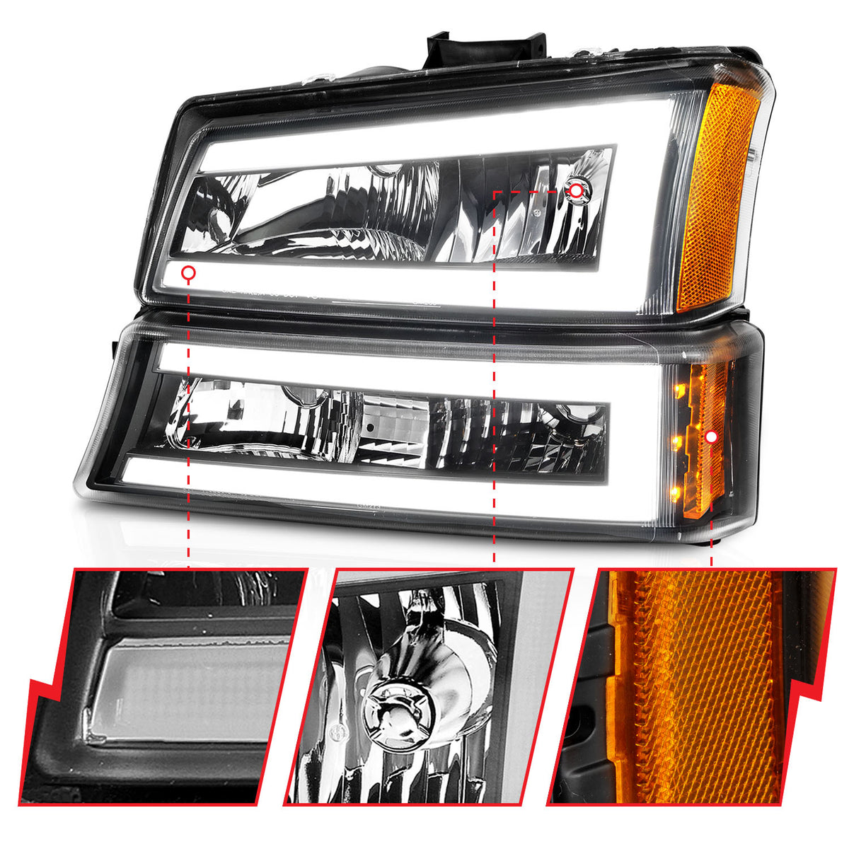 Crystal Headlight Set W/ LED Light Bar Style Black Housing Clear Lens Pair Chevrolet Avalanche 1500/Avalanche/Avalanche Silverado 2500 2003-2006, Chevrolet Silverado 1500/1500 HD/2500 HD/3500 2003-2007 AnzoUSA-2