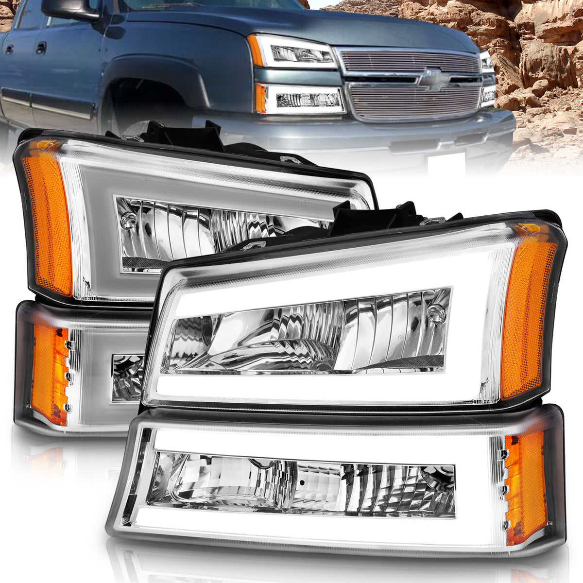 Crystal Headlight Set W/ LED Light Bar Style Chrome Housing Clear Lens Pair Chevrolet Avalanche 1500/Avalanche/Avalanche Silverado 2500 2003-2006, Chevrolet Silverado 1500/1500 HD/2500 HD/3500 2003-2007 AnzoUSA