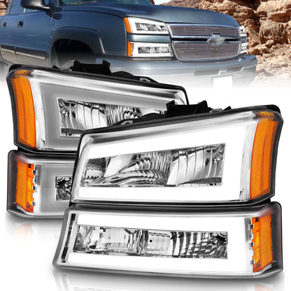 Crystal Headlight Set W/ LED Light Bar Style Chrome Housing Clear Lens Pair Chevrolet Avalanche 1500/Avalanche/Avalanche Silverado 2500 2003-2006, Chevrolet Silverado 1500/1500 HD/2500 HD/3500 2003-2007 AnzoUSA