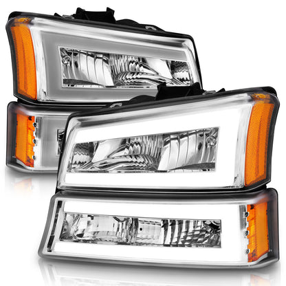 Crystal Headlight Set W/ LED Light Bar Style Chrome Housing Clear Lens Pair Chevrolet Avalanche 1500/Avalanche/Avalanche Silverado 2500 2003-2006, Chevrolet Silverado 1500/1500 HD/2500 HD/3500 2003-2007 AnzoUSA-1