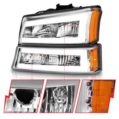 Crystal Headlight Set W/ LED Light Bar Style Chrome Housing Clear Lens Pair Chevrolet Avalanche 1500/Avalanche/Avalanche Silverado 2500 2003-2006, Chevrolet Silverado 1500/1500 HD/2500 HD/3500 2003-2007 AnzoUSA-2