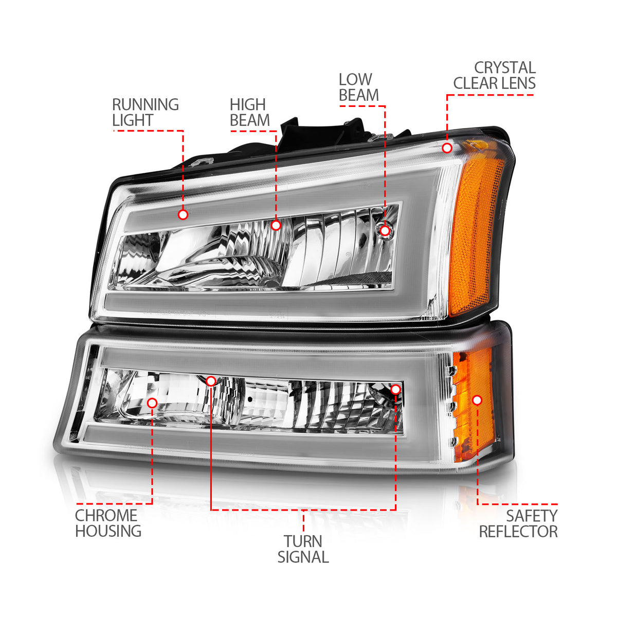 Crystal Headlight Set W/ LED Light Bar Style Chrome Housing Clear Lens Pair Chevrolet Avalanche 1500/Avalanche/Avalanche Silverado 2500 2003-2006, Chevrolet Silverado 1500/1500 HD/2500 HD/3500 2003-2007 AnzoUSA-3