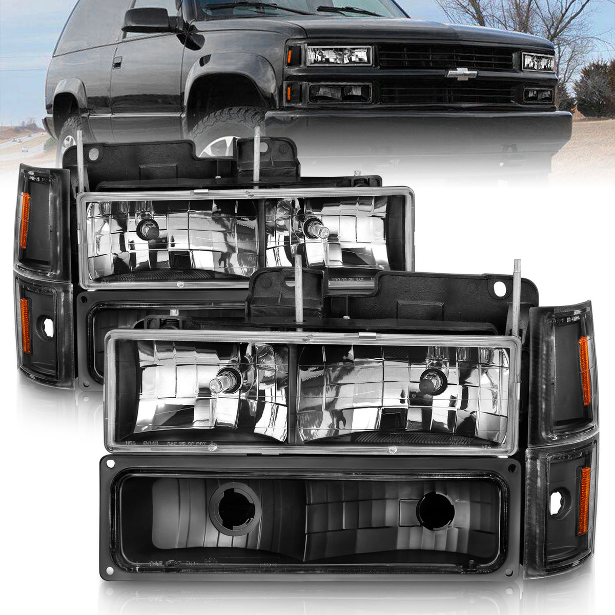 Crystal Headlight Set Black Housing Clear Lens Pair W/Signal And Side Markers 8pcs Chevy Trucks/SUVs 1994-2000 AnzoUSA