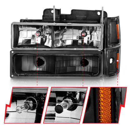 Crystal Headlight Set Black Housing Clear Lens Pair W/Signal And Side Markers 8pcs Chevy Trucks/SUVs 1994-2000 AnzoUSA-2