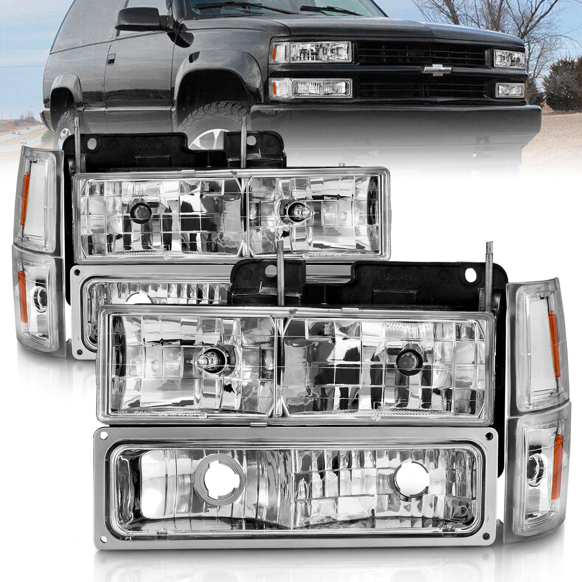 Crystal Headlight Set Chrome Housing Clear Lens Pair W/Signal And Side Markers 8pcs Chevy Trucks/SUVs 1992-2000 AnzoUSA