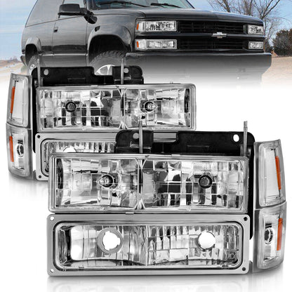 Crystal Headlight Set Chrome Housing Clear Lens Pair W/Signal And Side Markers 8pcs Chevy Trucks/SUVs 1992-2000 AnzoUSA