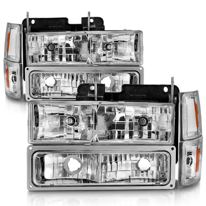 Crystal Headlight Set Chrome Housing Clear Lens Pair W/Signal And Side Markers 8pcs Chevy Trucks/SUVs 1992-2000 AnzoUSA-1