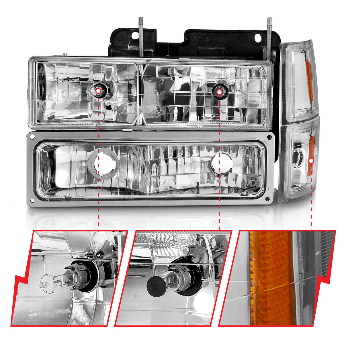 Crystal Headlight Set Chrome Housing Clear Lens Pair W/Signal And Side Markers 8pcs Chevy Trucks/SUVs 1992-2000 AnzoUSA-2