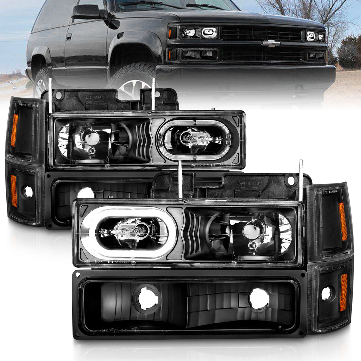 Crystal Headlight Set Black Housing Clear Lens W/Signal And Side Markers 8pcs Pair Chevy Trucks/SUVs 1992-2000 AnzoUSA