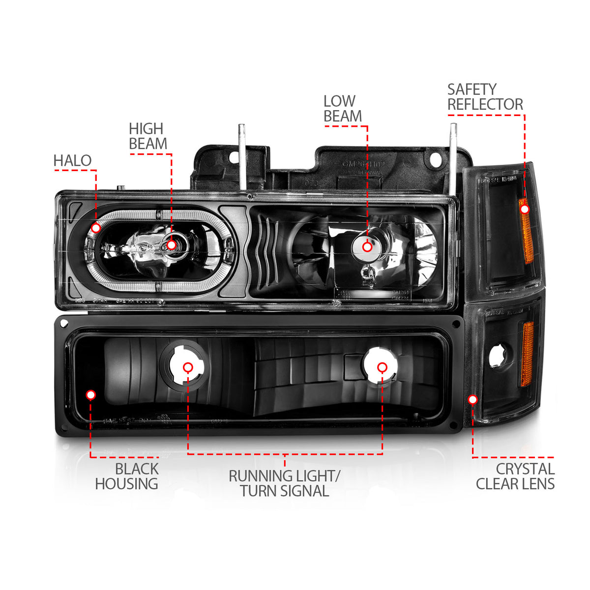 Crystal Headlight Set Black Housing Clear Lens W/Signal And Side Markers 8pcs Pair Chevy Trucks/SUVs 1992-2000 AnzoUSA-3