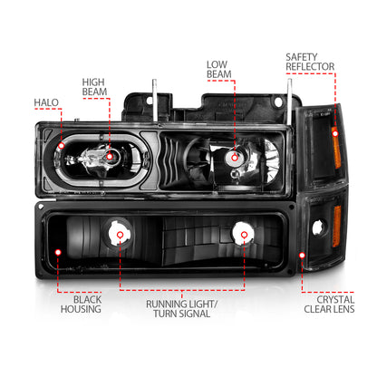 Crystal Headlight Set Black Housing Clear Lens W/Signal And Side Markers 8pcs Pair Chevy Trucks/SUVs 1992-2000 AnzoUSA-3