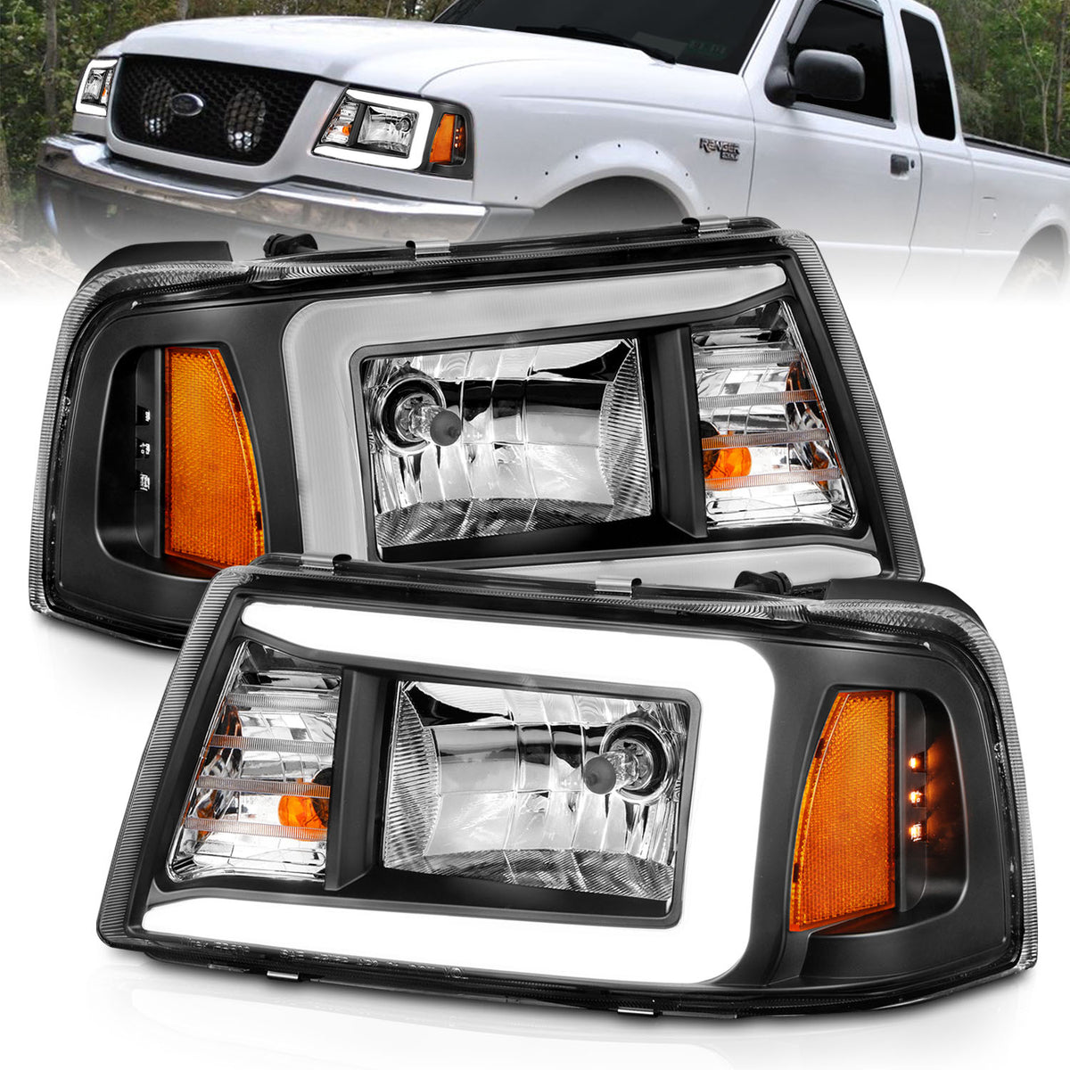 Crystal Headlight Set W/ Light Bar Style Black Housing Clear Lens Pair Ford F-100 Ranger 2001, Ford Ranger 2001-2011 AnzoUSA