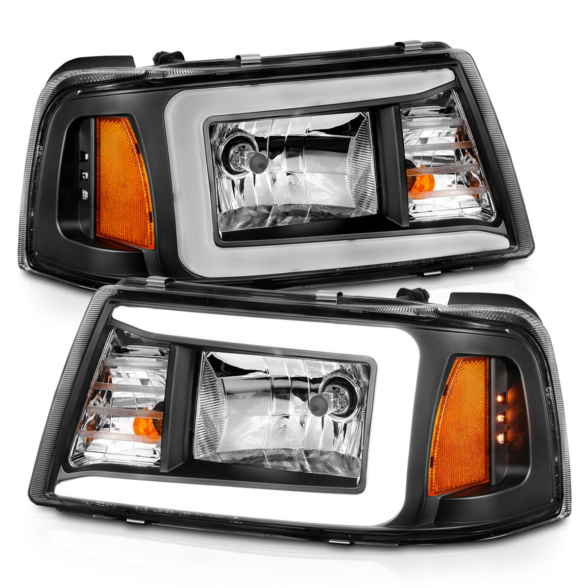 Crystal Headlight Set W/ Light Bar Style Black Housing Clear Lens Pair Ford F-100 Ranger 2001, Ford Ranger 2001-2011 AnzoUSA-1