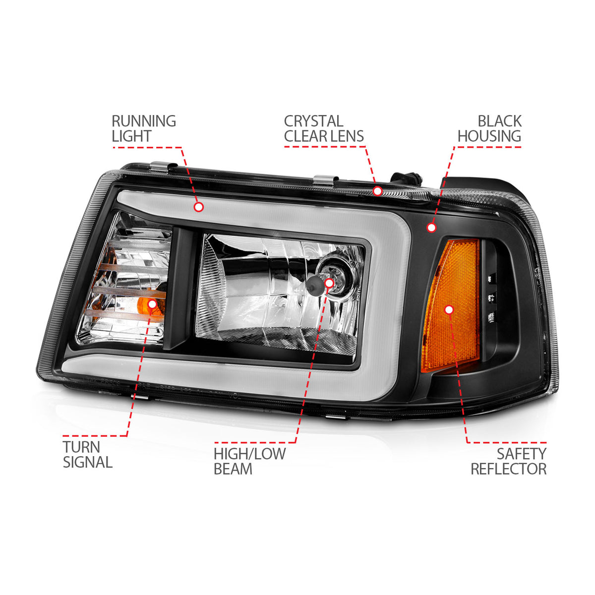 Crystal Headlight Set W/ Light Bar Style Black Housing Clear Lens Pair Ford F-100 Ranger 2001, Ford Ranger 2001-2011 AnzoUSA-3