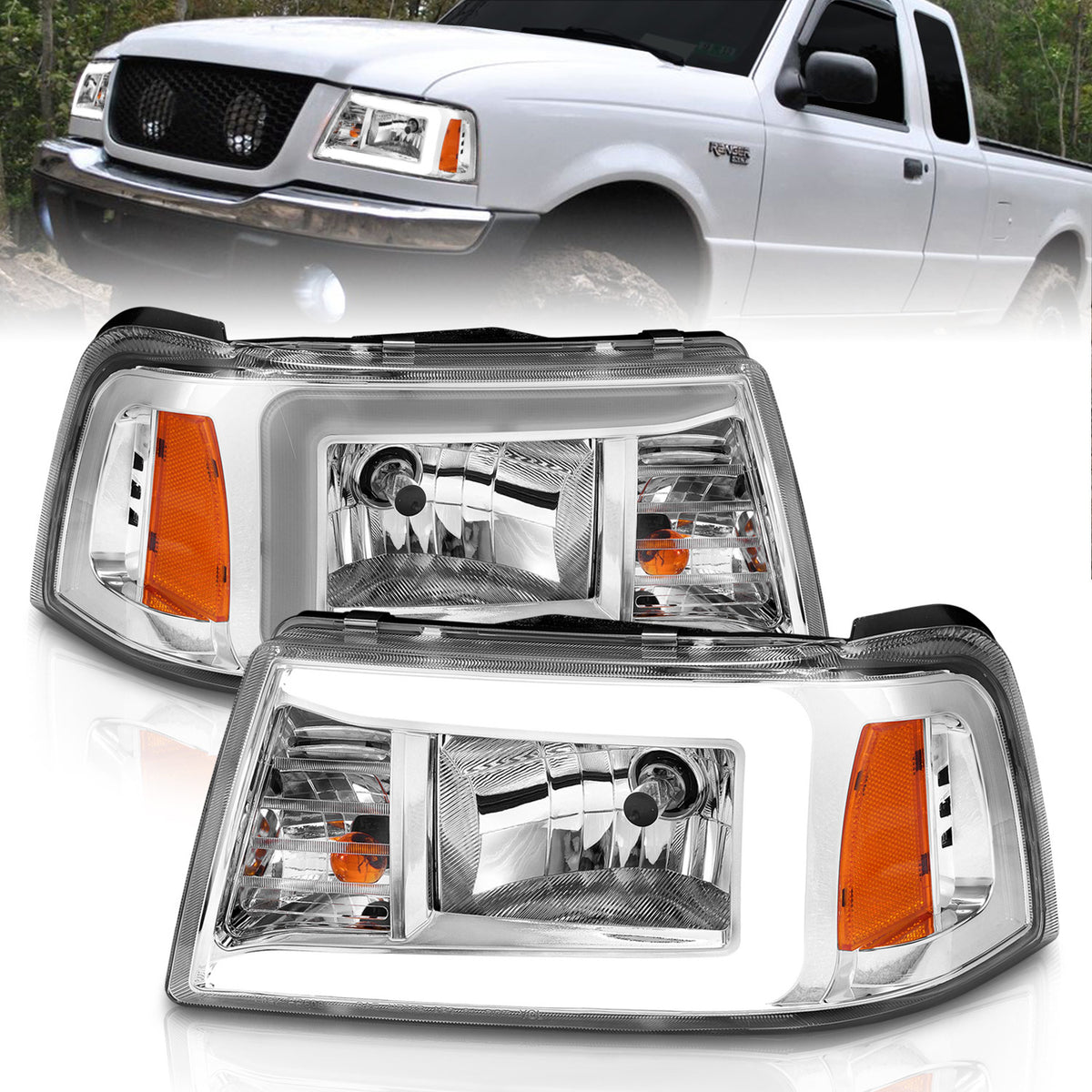 Crystal Headlight Set W/ Light Bar Style Chrome Housing Clear Lens Pair Ford F-100 Ranger 2001, Ford Ranger 2001-2011 AnzoUSA