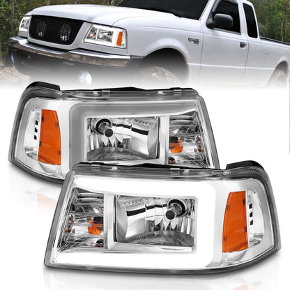 Crystal Headlight Set W/ Light Bar Style Chrome Housing Clear Lens Pair Ford F-100 Ranger 2001, Ford Ranger 2001-2011 AnzoUSA