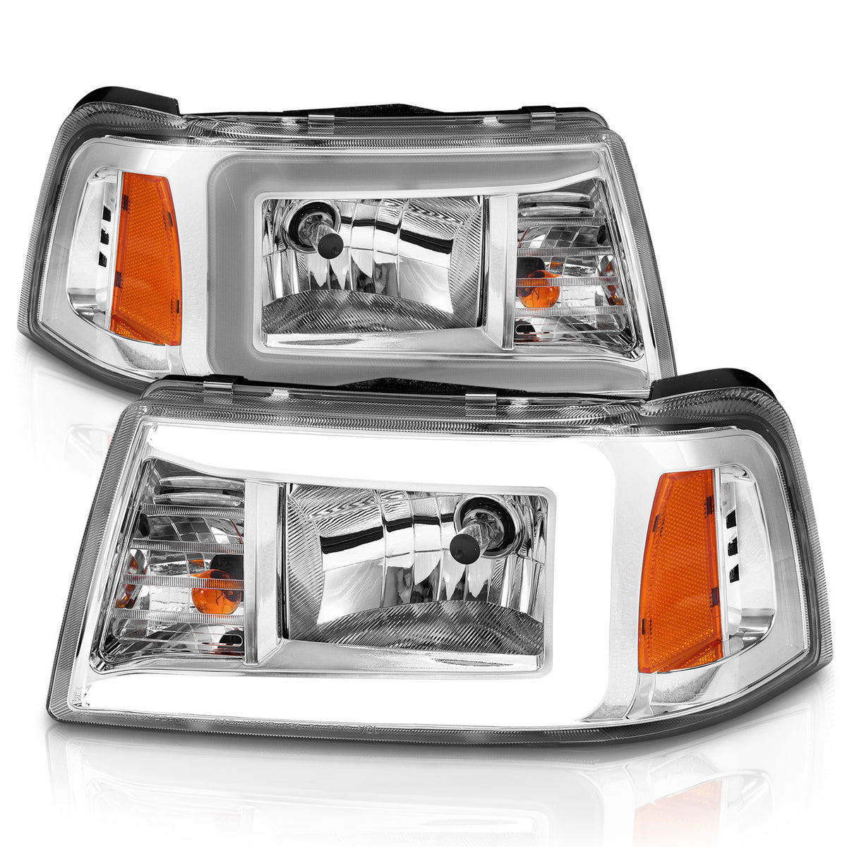 Crystal Headlight Set W/ Light Bar Style Chrome Housing Clear Lens Pair Ford F-100 Ranger 2001, Ford Ranger 2001-2011 AnzoUSA-1
