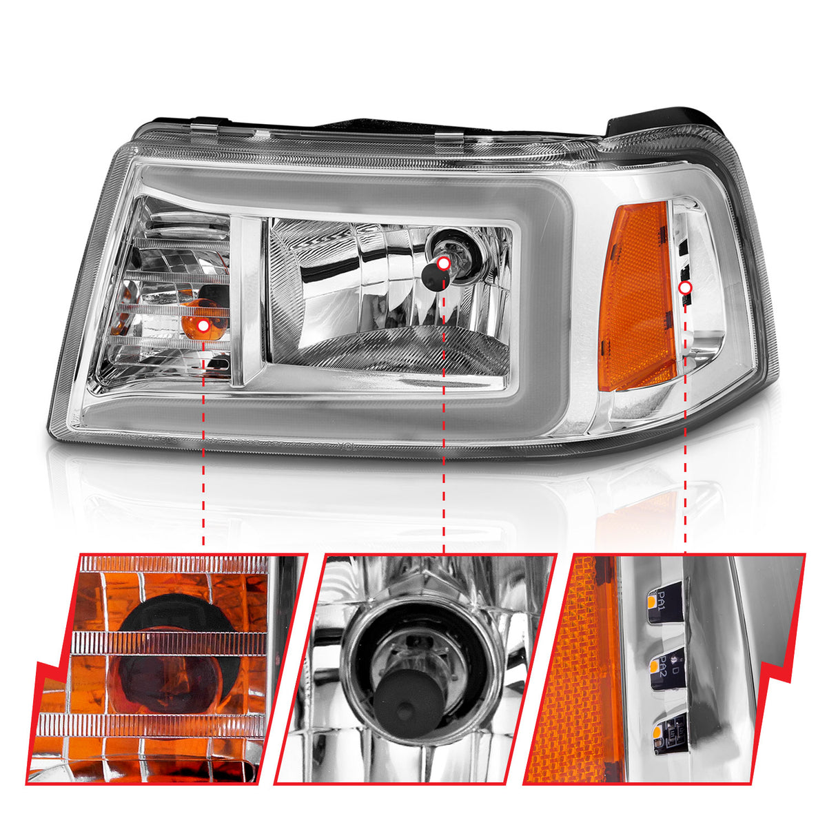 Crystal Headlight Set W/ Light Bar Style Chrome Housing Clear Lens Pair Ford F-100 Ranger 2001, Ford Ranger 2001-2011 AnzoUSA-2