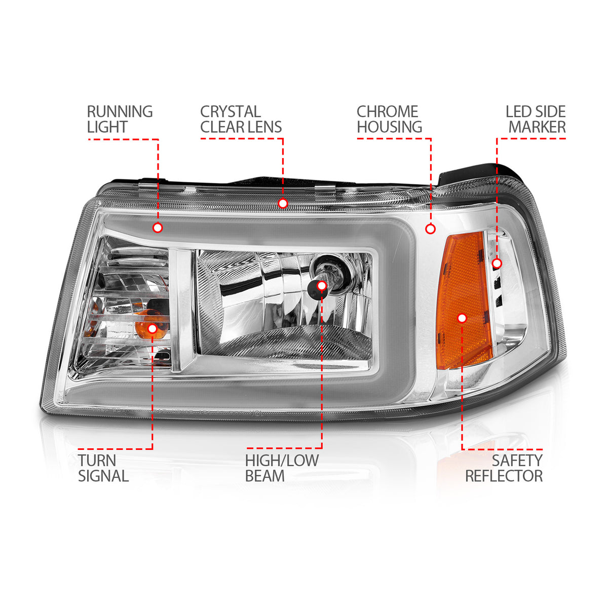Crystal Headlight Set W/ Light Bar Style Chrome Housing Clear Lens Pair Ford F-100 Ranger 2001, Ford Ranger 2001-2011 AnzoUSA-3