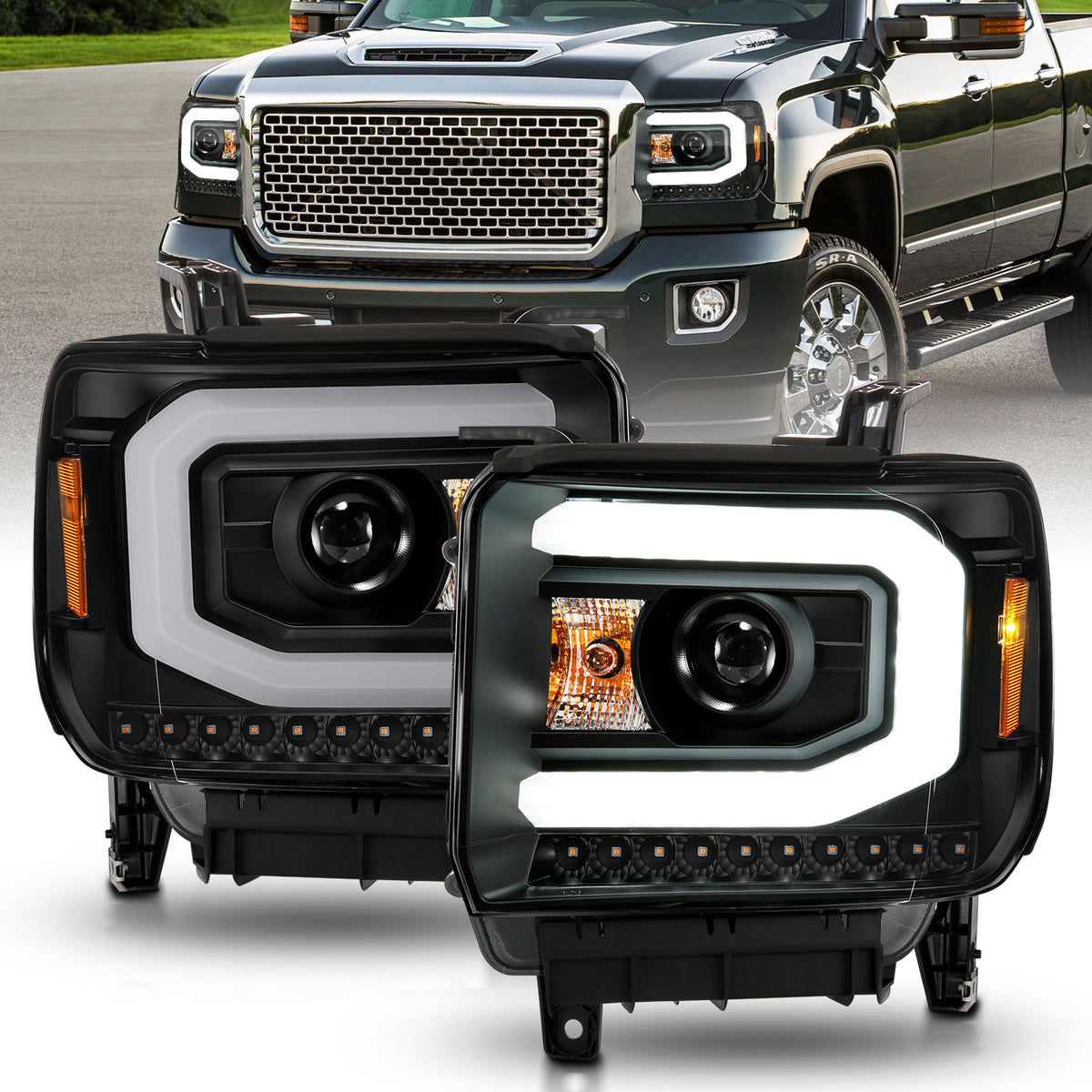 Projector Headlights W/ Plank Style Black Housing Clear Lens Pair GMC Sierra/1500 2014-2015, GMC Sierra 2500 HD/3500 HD 2015-2019 AnzoUSA