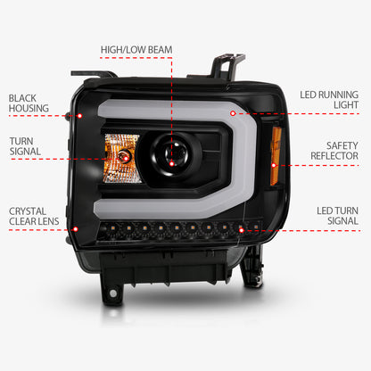 Projector Headlights W/ Plank Style Black Housing Clear Lens Pair GMC Sierra/1500 2014-2015, GMC Sierra 2500 HD/3500 HD 2015-2019 AnzoUSA-3