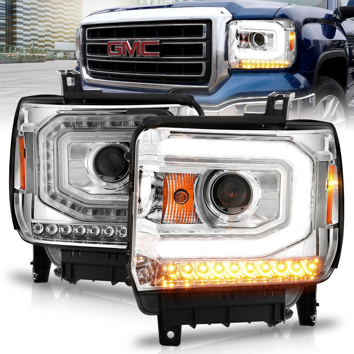 Projector Headlights W/ Plank Style Chrome Housing Clear Lens Pair GMC Sierra/1500 2014-2015, GMC Sierra 2500 HD/3500 HD 2015-2019 AnzoUSA