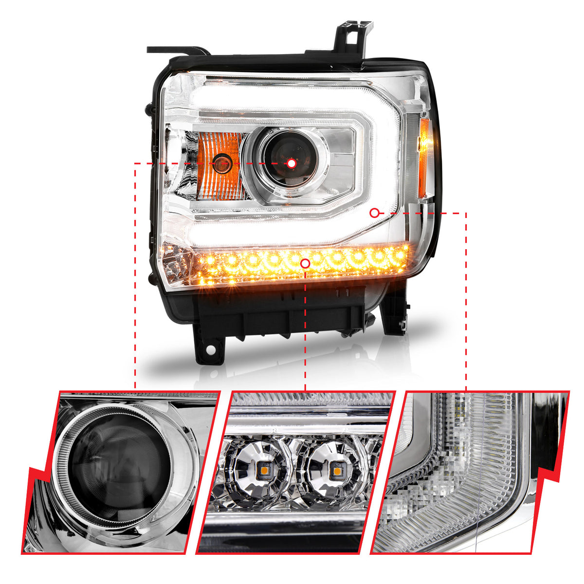 Projector Headlights W/ Plank Style Chrome Housing Clear Lens Pair GMC Sierra/1500 2014-2015, GMC Sierra 2500 HD/3500 HD 2015-2019 AnzoUSA-2