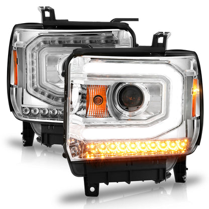 Projector Headlights W/ Plank Style Chrome Housing Clear Lens Pair GMC Sierra/1500 2014-2015, GMC Sierra 2500 HD/3500 HD 2015-2019 AnzoUSA-6