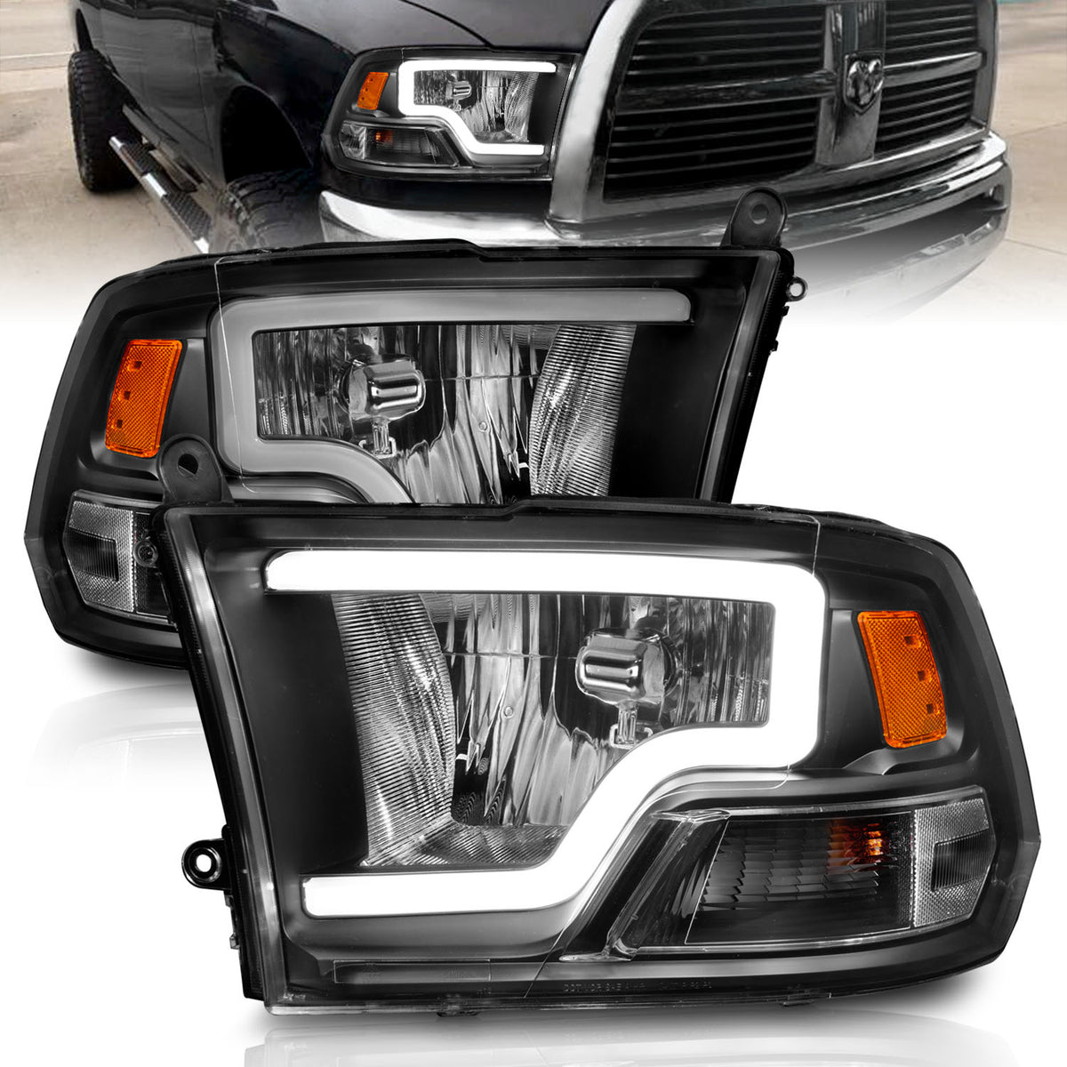 Crystal Headlight Pair Set W/ Light Bar Style Black Housing Clear LensRam 1500/2500/3500 2011-2018 AnzoUSA