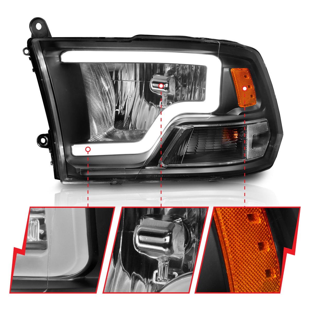 Crystal Headlight Pair Set W/ Light Bar Style Black Housing Clear LensRam 1500/2500/3500 2011-2018 AnzoUSA-2