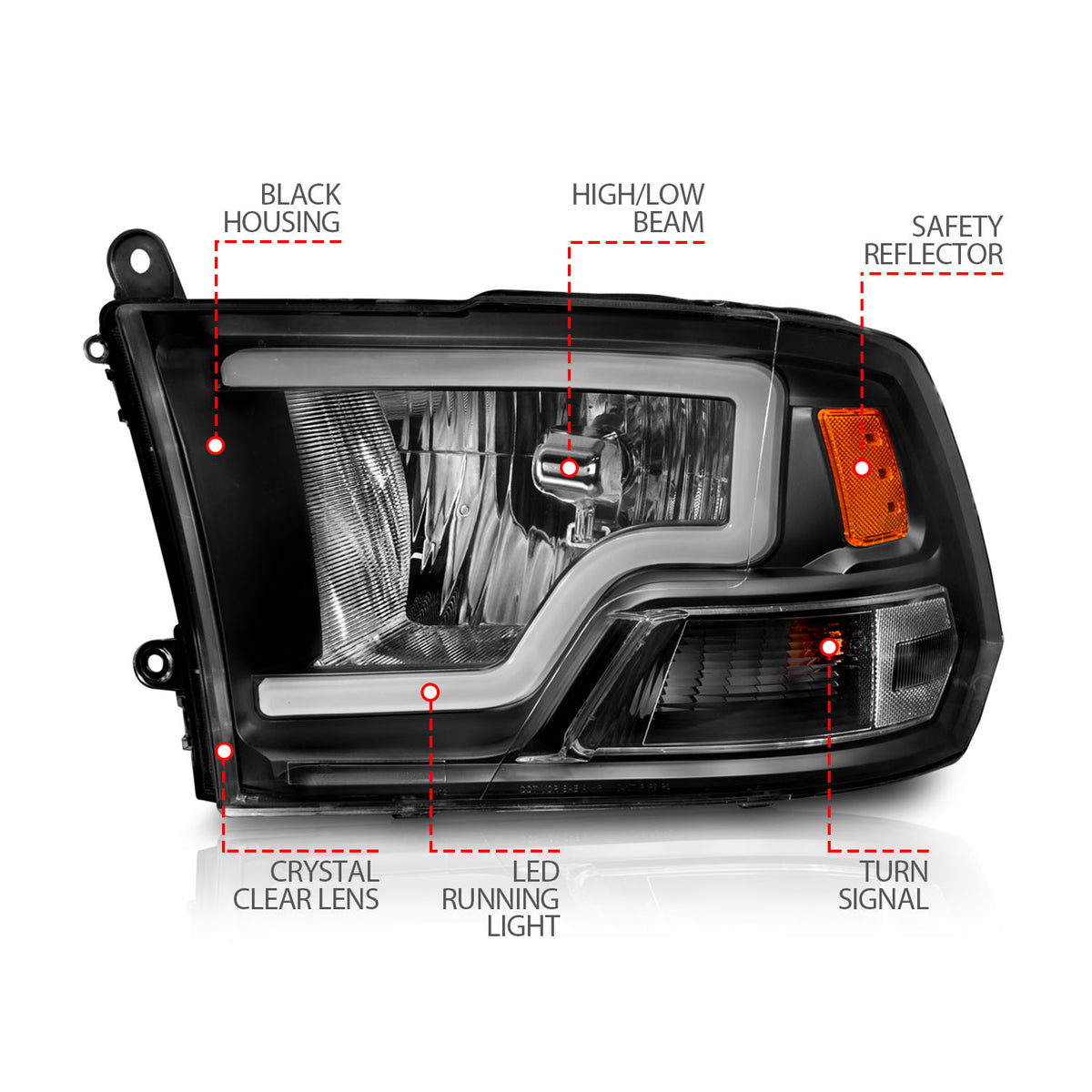 Crystal Headlight Pair Set W/ Light Bar Style Black Housing Clear LensRam 1500/2500/3500 2011-2018 AnzoUSA-3